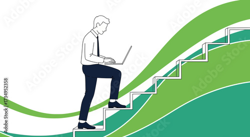Business Professional Climbing Stairs Symbolizing Growth With Technological Integration