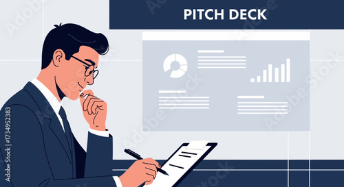 Business Professional Contemplating Financial Strategy And Preparing a Pitch Deck Presentation
