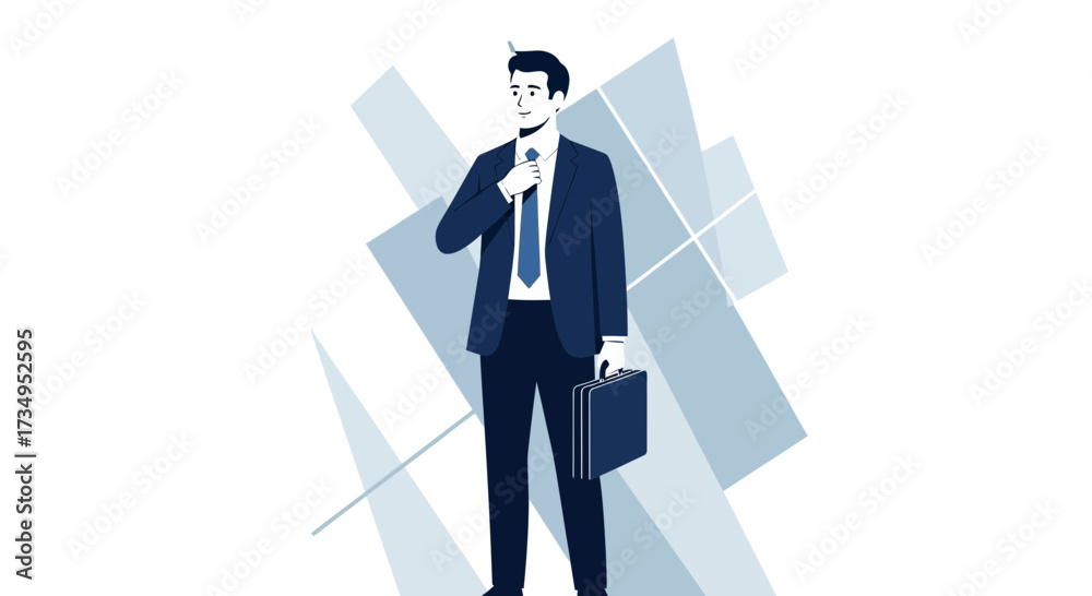 Fototapeta premium Business professional in a suit adjusting his tie with a briefcase and abstract background