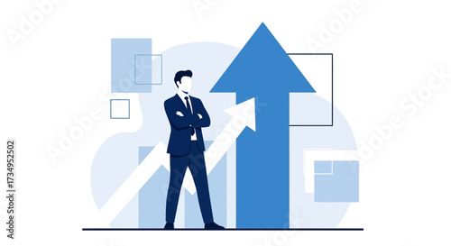 Business Man Standing With Arms Crossed Achieving Success, Upward Arrow Concept