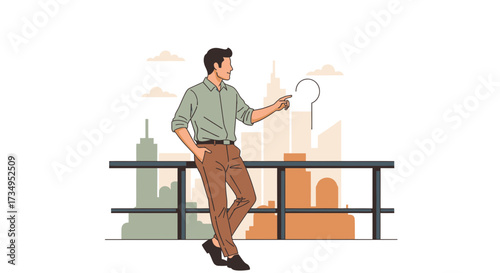 Business man thinking and looking for an idea in front of a cityscape illustration