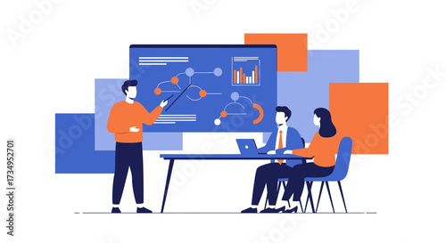 Business Meeting or Presentation in Flat Design Style with People and Diagrams