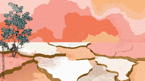 Arid desert landscape illustration with cracked dry ground and lone resilient tree. Climate change and drought concept background.