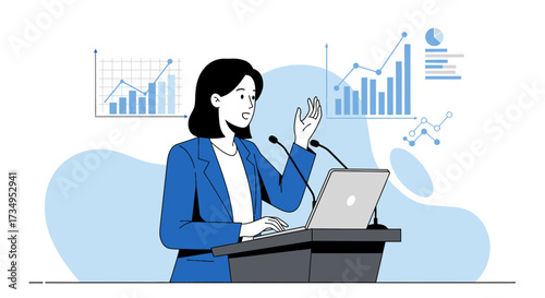 Business Professional Presenting Data Analysis Utilizing Graphs And Laptop At Podium Presentation
