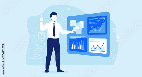 Business professional presenting data analysis visualization and technological advancements