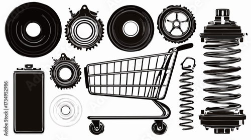 Black and white vector illustration set of diverse mechanical spare parts and a consumer shopping cart, representing industry, e-commerce, and repairs