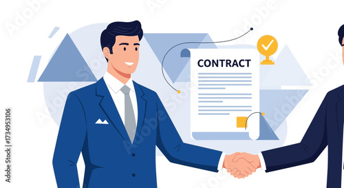 Business people shaking hands after signing a contract with an approving check mark