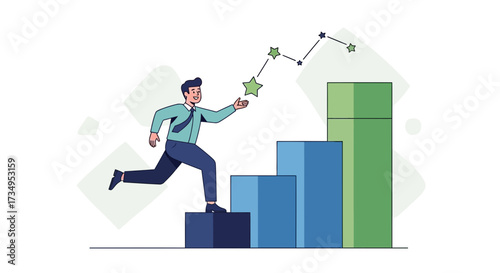 Business Person Ascending Towards Success, Reaching For Starry Achievements