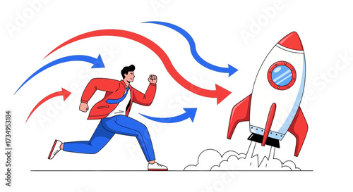 Business Person Chasing A Rocket, Striving For Success With Colorful Arrows