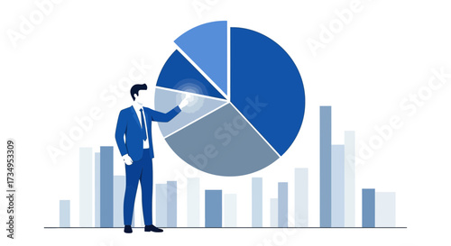 Business professional presenting pie chart data analysis and financial growth representation
