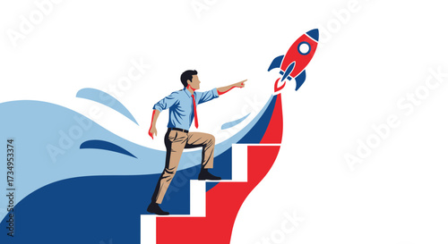 Business Person Rising Upwards With A Rocket Ship Towards Success And Innovation