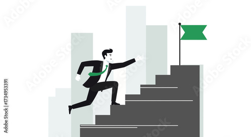 Business Person Scaling Stairs Towards A Flag Illustrating Success And Achievement
