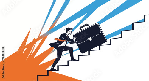 Business Professional Struggling To Climb Steps With Complex Cargo And Extreme Effort