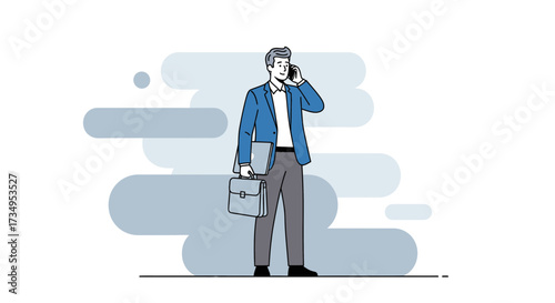 Business professional talking on phone holding laptop and a briefcase in the background