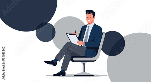 Business professional taking notes on a clipboard while sitting in a chair