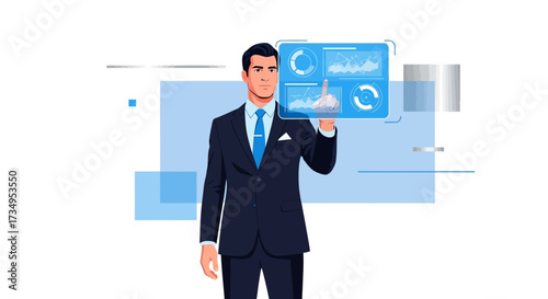 Business professional uses a touch screen interface to analyze data and statistics