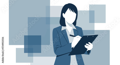 Business professional taking notes on a clipboard, vector illustration, abstract background