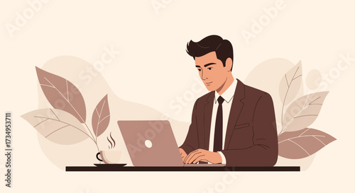 Business professional working on laptop with coffee and decorative leaves