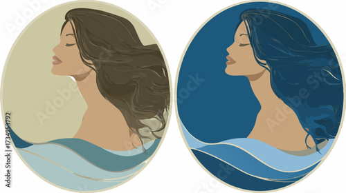 Beautiful woman profile with long flowing hair and abstract waves, symbolizing elemental harmony and nature's tranquility