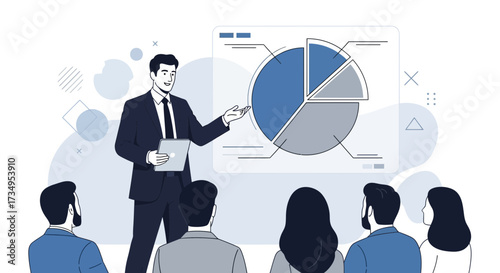 Business Presentation: Executive Delivering Data Analysis and Market Strategy to Colleagues