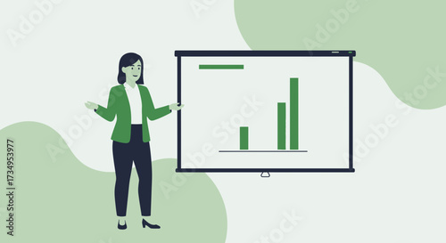 Business Presentation Featuring Woman Explaining Growth Trends and Statistical Data Information