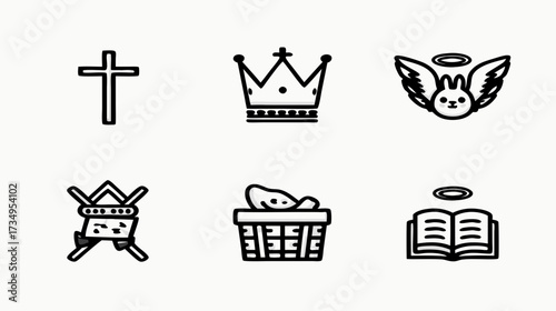 Collection of Christian and Christmas outline icons: cross, crown, angel, manger, baby in crib, and holy book symbols