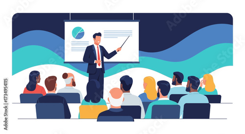 Business presentation in an auditorium with audience and a speaker, vector illustration