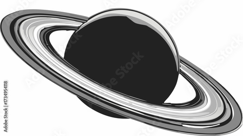 Stylized black and white illustration of a ringed gas giant planet, a cosmic astronomical object in deep space, vector graphic art.