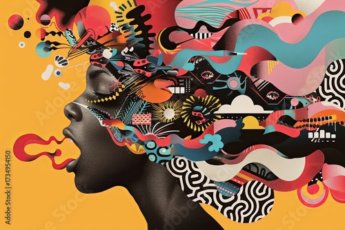 Thoughtful African woman surrounded by abstract shapes and flowing lines. Vibrant colors and surreal elements evoke creativity and introspection.