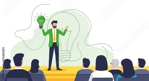 Business presentation of a man with a lightbulb expressing an innovative idea to listeners