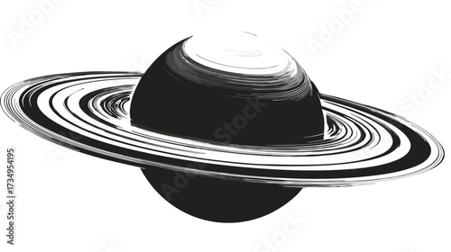 Stylized black and white illustration of a cosmic ringed planet, a celestial body in outer space, representing science and astronomy.