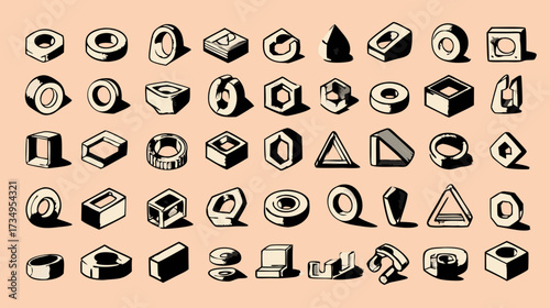 Isometric Vector Illustration Set of Mechanical Nuts and Fasteners. Industrial Hardware Collection in Retro Graphic Style.