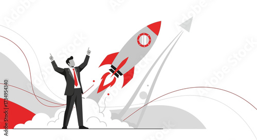 Business Success: Businessman Cheering Rocket Launch for Growth and Development