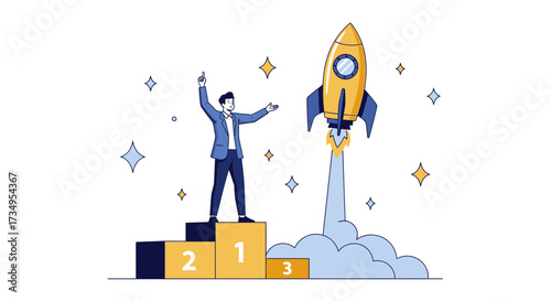 Business Success Concept: A Leader Celebrates Rocket Launch Reaching Podium's High Rank