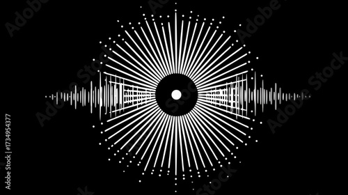 Futuristic Sound Wave Equalizer with Radial Rays and Central Core on Dark Background - Abstract Technology Concept