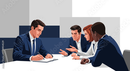Business team at a meeting discussing the project around a table and taking notes