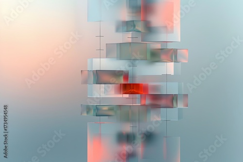 Abstract geometric shapes create a serene digital environment. Translucent blocks interconnected by lines emit a soft red glow, evoking an ethereal mood.