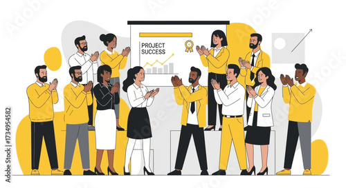 Business team celebrating project success with applause and a presentation on a whiteboard