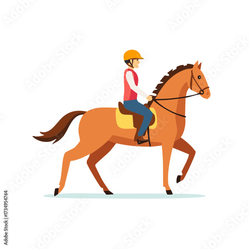 Male jockey wearing a helmet riding a trotting brown horse in a flat vector style