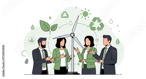 Business team discussing renewable energy and green future, environmental sustainability