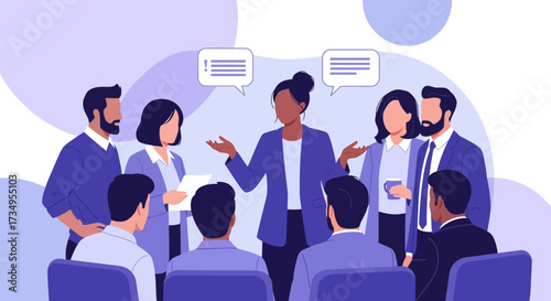 Business team meeting of multiple people in an office discussing a topic with speech bubbles