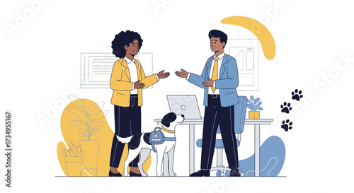 Business Team Members Interact with Dog in Office Setting as Animal-Friendly Work