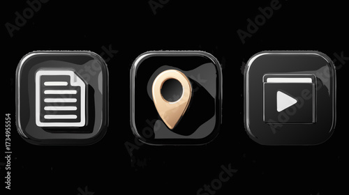 Digital interface concept with dark 3D glassy app icons: document, golden location pin, and video player symbols on black background