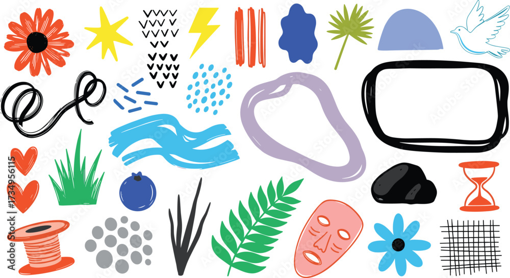 Naklejka premium Whimsical black and white hand-drawn doodle art collection for playful design projects, creative content, and decorative accents