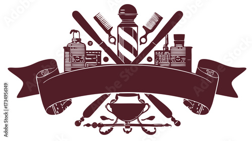 Vintage Barbershop Emblem with Classic Grooming Tools, Barber Pole, Razors, Combs & Blank Banner. Retro Hair Salon Design.