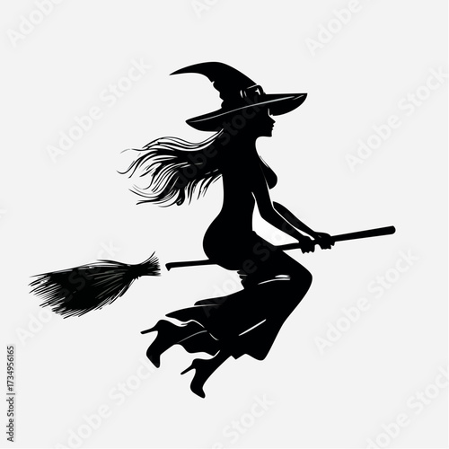 Black silhouette of a witch in a pointed hat flying on a broomstick in a minimalist artistic style for Halloween or magic themed designs and decorations on a white background