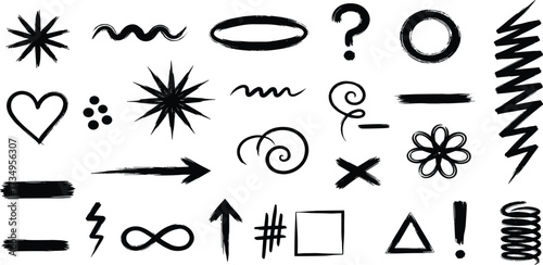 Versatile collection of hand-drawn doodle elements for creative design projects, including arrows, stars, hearts, lines, and abstract shapes, perfect for annotations and decorative accents