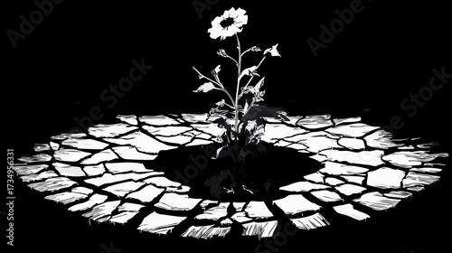 Resilient monochrome flower growing from cracked dry earth, symbolizing hope, survival, and growth in adversity. Stark contrast.