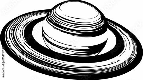 Black and white illustration of a ringed planet, representing space, astronomy, and the solar system