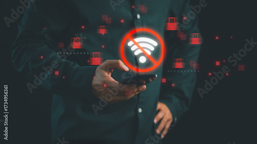 Person holding smartphone with glowing no Wi-Fi symbol, representing internet connection error, network outage, Wi-Fi problem, cybersecurity risk, and mobile connectivity issues.